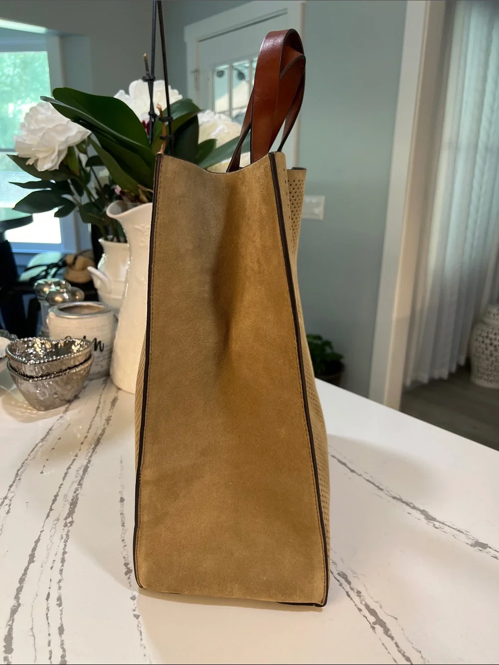 Michael Kors Collection Perforated Suede Tote in Tan with Brown Leather Handles